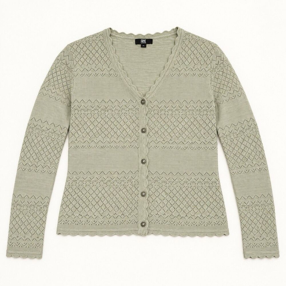 FRYE Scalloped Pointelle Cardigan L Sage Green Cotton Grandmacore Cottagecore